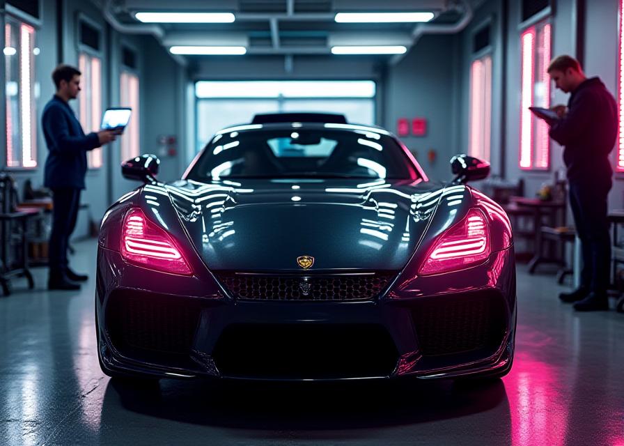 High-performance sports car receiving engine diagnostic testing